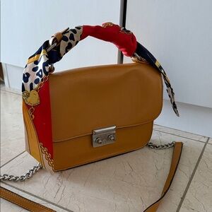 Elegant Tan Leather Shoulder Bag with Scarf Accent